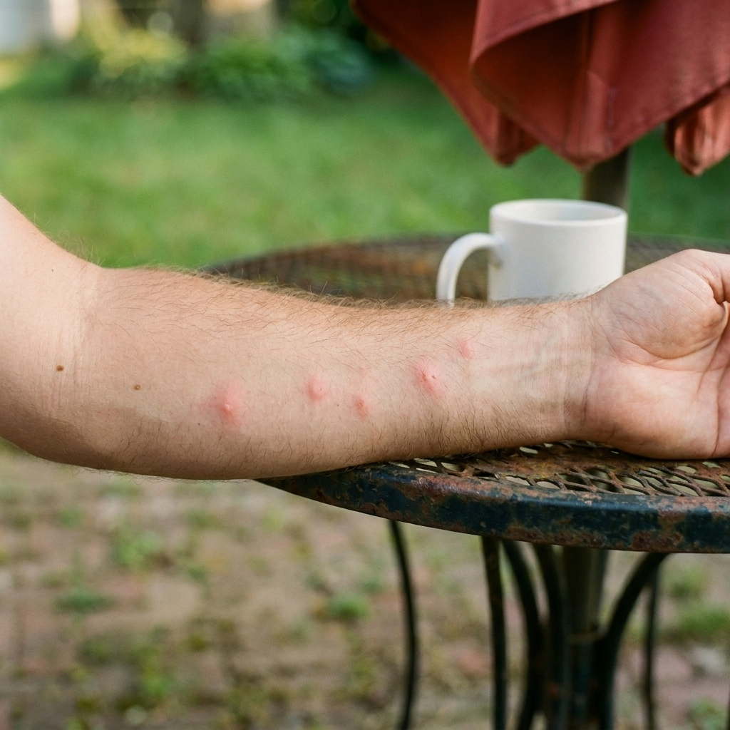 Close-up of a forearm with 3–5 welted mosquito bites, coffee mug in background.
