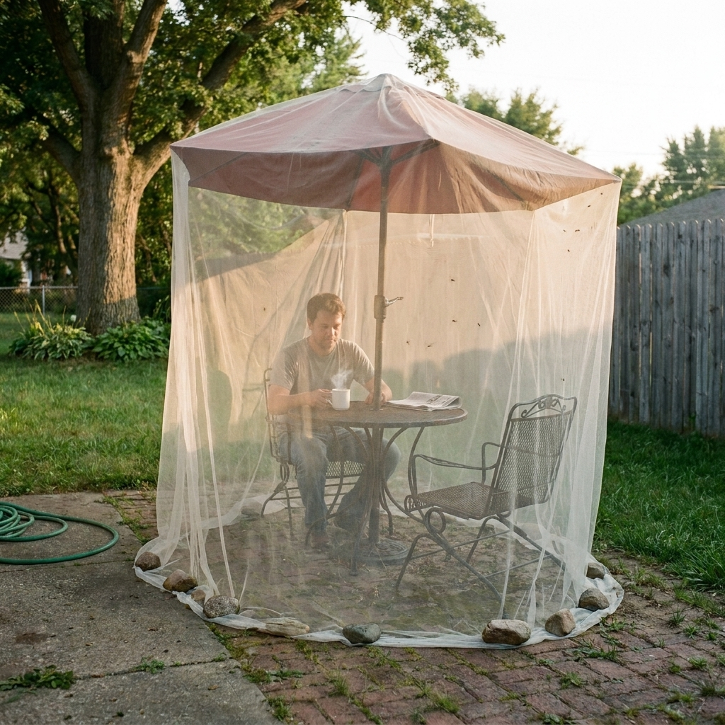 A patio umbrella draped to the ground in white mosquito netting, weighted at the base with river rocks, a coffee mug visible through the mesh.