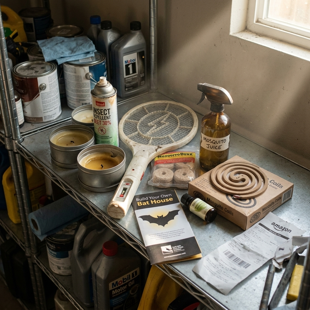 A garage shelf covered in failed mosquito products — citronella, DEET, coils, tennis-racket zapper, homemade spray, dunks.