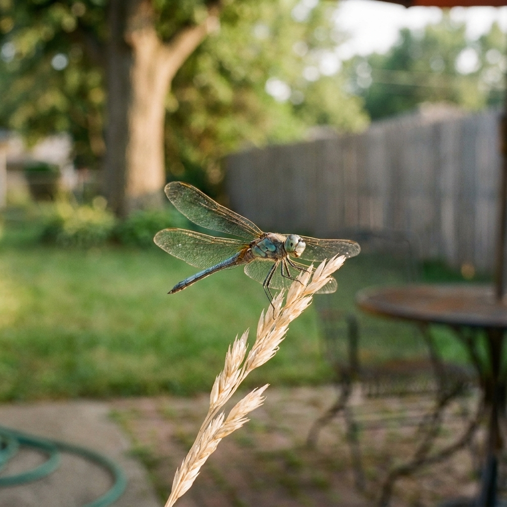 Close-up of a dragonfly resting on a reed, backyard blurred out behind it.