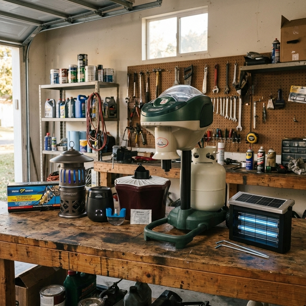 Six products side by side on a garage workbench: GroundGuard Sentinel, Mosquito Magnet Executive, Biogents BG-Mosquitaire, Thermacell E55, DynaTrap DT1050, and Spartan Mosquito tubes.