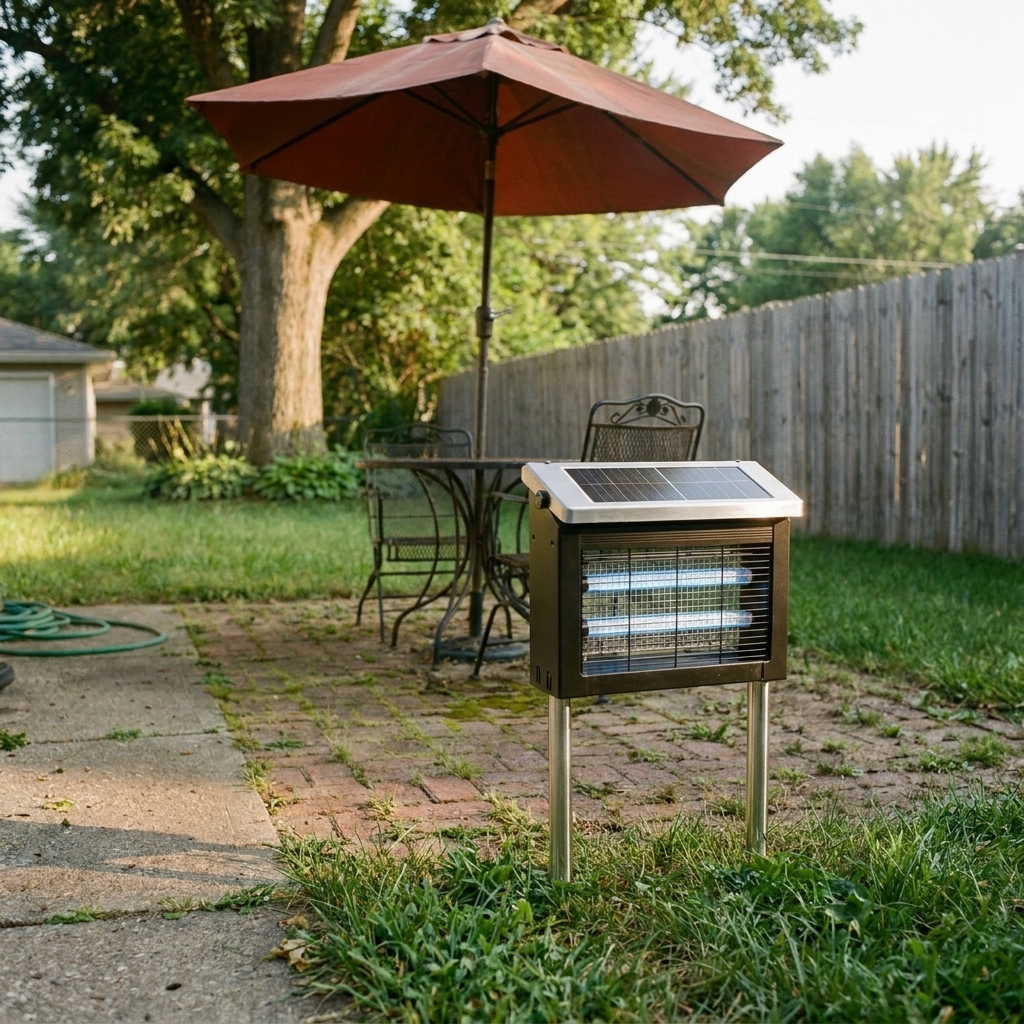 GroundGuard Sentinel solar bug zapper staked in the patio corner, bistro table and umbrella behind it, late-afternoon sun.