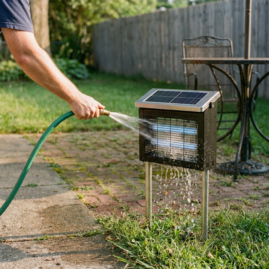 Narrator rinsing the GroundGuard Sentinel's catch tray with a garden hose — water streaming through the grid.