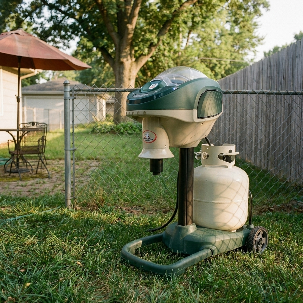 A green Mosquito Magnet propane trap next to a 20 lb propane tank in a suburban backyard.