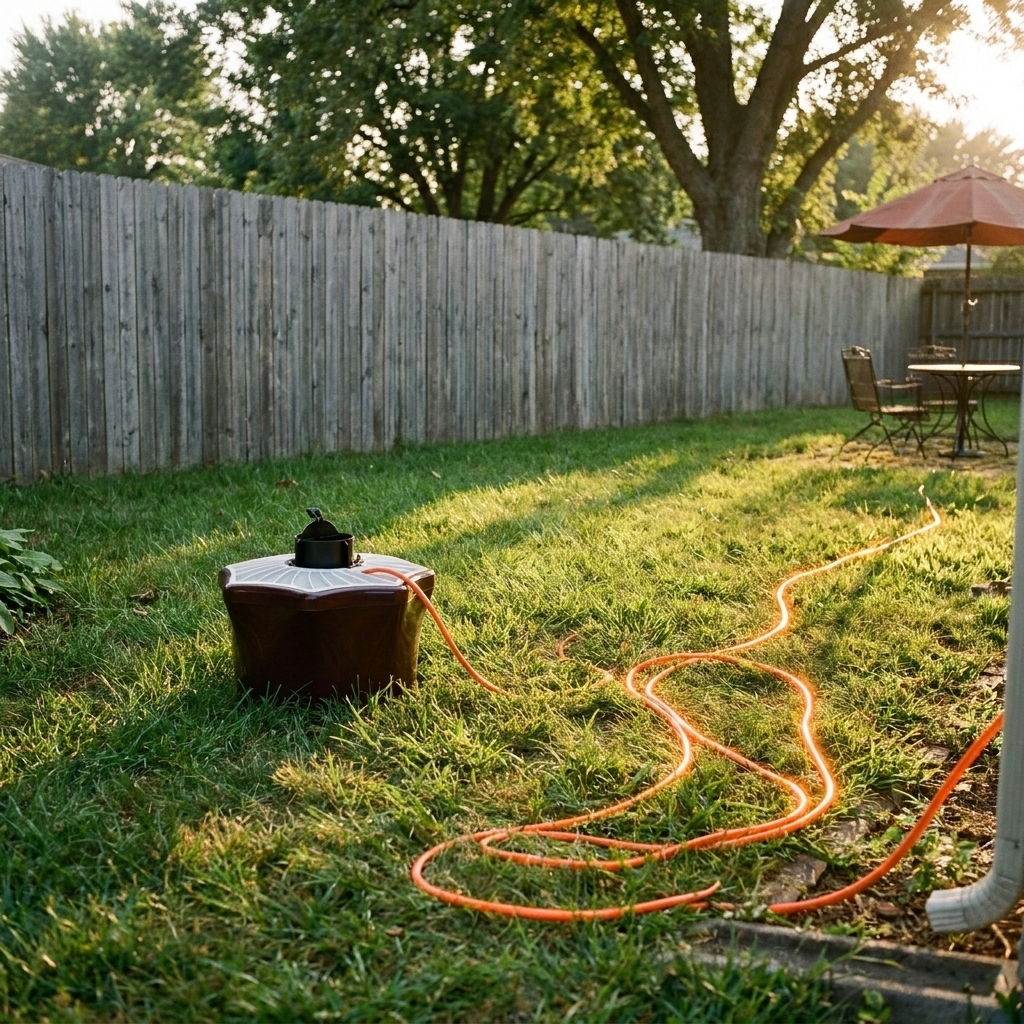 An orange extension cord snaking across a backyard lawn from the house to a BG-Mosquitaire at the fence line.