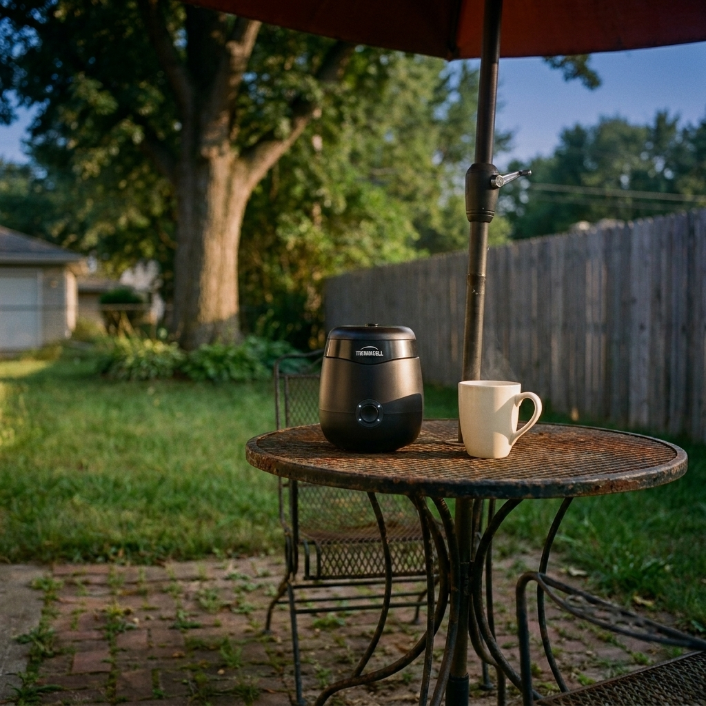 A Thermacell E55 glowing on an iron bistro table at dusk, coffee mug beside it.