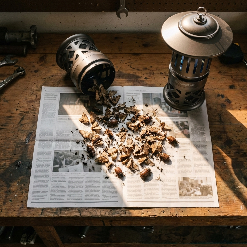 A DynaTrap catch cage emptied onto newspaper — mostly moths, beetles, and gnats.