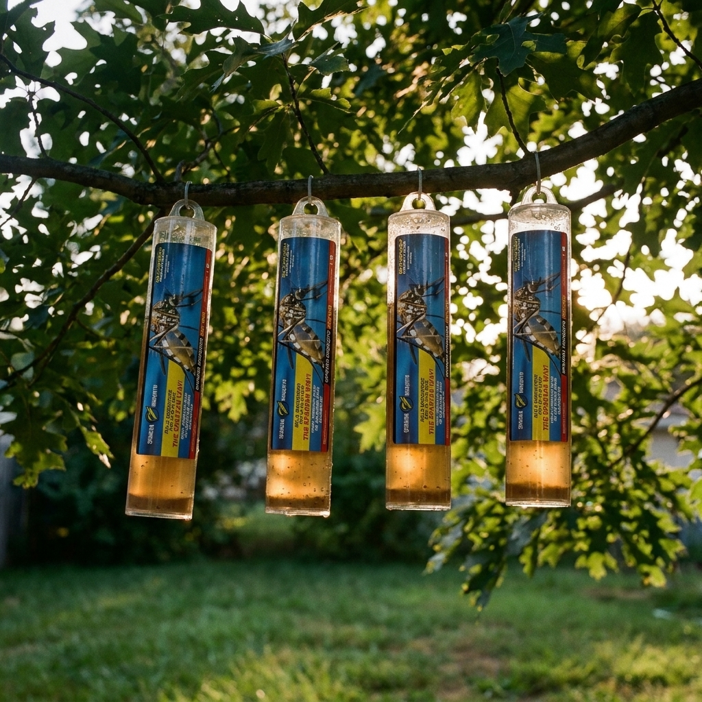 Four Spartan Mosquito Pro Tech tubes filled with brown sugar-water, hanging from an oak branch at golden hour.