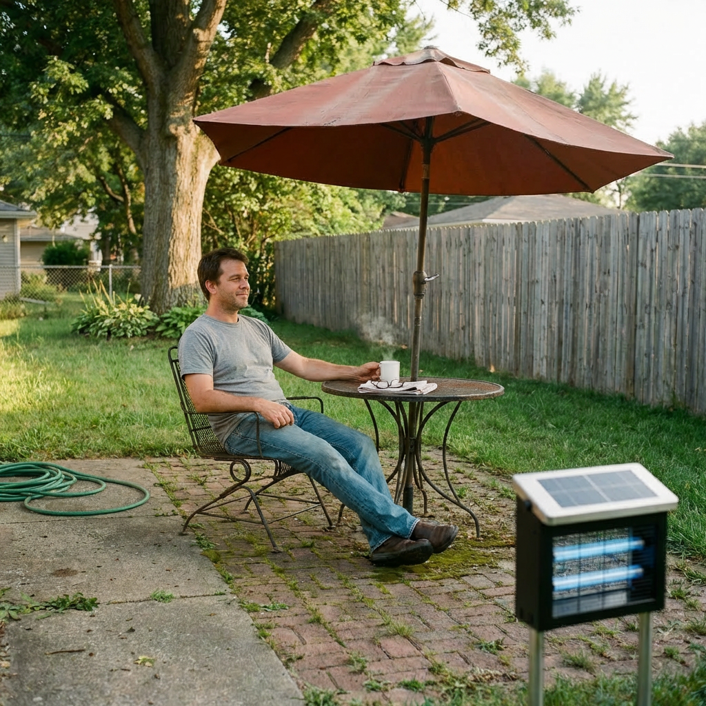 The narrator back at his bistro table in the morning. No netting. Coffee in hand. GroundGuard visible in the corner of the frame.